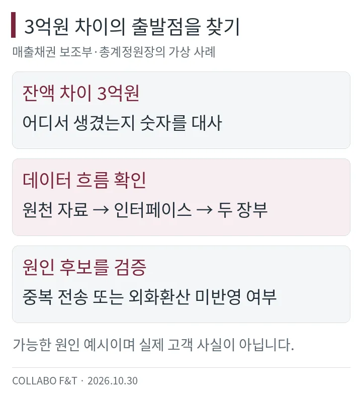 3억원 차이의 출발점을 찾기 — 잔액 차이 3억원: 어디서 생겼는지 숫자를 대사; 데이터 흐름 확인: 원천 자료 → 인터페이스 → 두 장부; 원인 후보를 검증: 중복 전송 또는 외화환산 미반영 여부