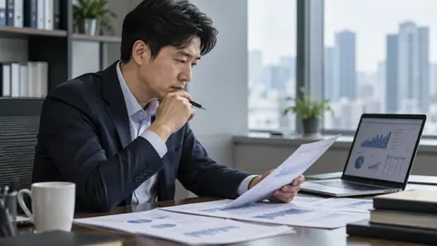 노트북 앞에서 서류를 읽는 전문가